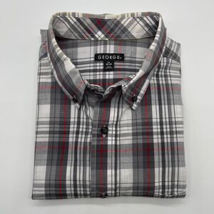 George Men's Grey Red White Short Sleve Plaid Button-Down Shirt - Sz Large 42-44